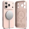 Różowe etui do telefonu z trzema wycięciami na aparaty i okrągłym miejscem na MagSafe, z widocznym napisem wewnątrz: "LIQUID SILICONE" oraz informacjami o materiałach: "LIQUID SILICONE + POLYCARBONATE + SUEDE = RINGKE SILICONE Case". Na dole znajduje się 