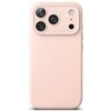 Różowe etui na telefon z trzema dużymi otworami na aparaty oraz dwoma mniejszymi otworami na dodatkowe elementy, wykonane z gładkiego materiału. Produkt jest przeznaczony do modelu Apple iPhone 17 Pro.