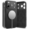 Czarne etui silikonowe z funkcją MagSafe do Apple iPhone 17 Pro Max, z widocznymi wycięciami na aparat i przyciski, oraz okrągłym elementem magnetycznym. Na wewnętrznej stronie etui znajduje się napis "LIQUID SILICONE" oraz logo w kształcie kropli.