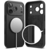 Czarne etui na telefon z trzema dużymi otworami na aparaty i mniejszymi na inne elementy, z przodu widoczny jest okrągły, srebrny element magnetyczny z kablem. W powiększeniu pokazano szczegół bocznego przycisku, a wewnętrzna strona etui ma delikatny wzór