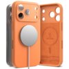 Mandarynkowe etui na telefon z okrągłym, srebrnym elementem magnetycznym, posiada wycięcia na aparat i przyciski. Wewnątrz widoczny jest napis: "LIQUID SILICONE + POLYCARBONATE + SUEDE" oraz "QUALITY + DETAIL + GOOD PRICE + BETTER DAY".