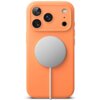 Pomarańczowe etui na telefon z trzema wycięciami na aparaty oraz okrągłym, srebrnym elementem magnetycznym na środku. Do elementu magnetycznego podłączony jest biały kabel.