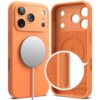 Pomarańczowe etui na telefon z trzema wycięciami na aparaty i okrągłym, magnetycznym uchwytem MagSafe. Wnętrze etui ma teksturę z widocznym logo kropli oraz napisem "Designed by Ringke".