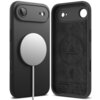 Czarne etui na telefon z okrągłym, srebrnym elementem magnetycznym oraz napisem "LIQUID SILICONE" wewnątrz. Na wewnętrznej stronie etui widoczne są również napisy: "LIQUID SILICONE + POLYCARBONATE + SUEDE", "RINGKE SILICONE CASE", "QUALITY + DETAIL + GOOD