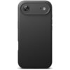Czarne etui na telefon z wycięciem na aparat i lampę błyskową, wykonane z gładkiego materiału. Produkt ma zaokrąglone krawędzie i minimalistyczny design.