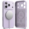 Jasnofioletowe etui do iPhone'a 17 Pro z funkcją MagSafe, wykonane z płynnego silikonu, z widocznymi otworami na aparat i tekstem: "LIQUID SILICONE" oraz "QUALITY + DETAIL = GOOD PRICE + BETTER DAY".