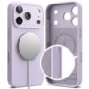 Jasnofioletowe etui na telefon z trzema wycięciami na aparaty i okrągłym, magnetycznym uchwytem MagSafe. Wewnątrz etui widoczny jest okrągły wzór z kroplą oraz napis "Designed by Ringke".