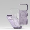 Jasnofioletowe etui do telefonu z widocznym napisem "LIQUID SILICONE" oraz schematycznym rysunkiem koła na wewnętrznej stronie. Na etui znajdują się również napisy: "LIQUID SILICONE + POLYCARBONATE + SUEDE", "RINGKE SILICONE Case", "QUALITY + DETAIL = GOO