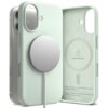 Miętowe etui silikonowe z funkcją MagSafe do iPhone'a 17, z widocznym okrągłym magnesem na zewnątrz i napisem wewnątrz: "LIQUID SILICONE" oraz "LIQUID SILICONE + POLYCARBONATE + SUEDE = RINGKE SILICONE Case". Na dole widnieje napis: "QUALITY + DETAIL + GO