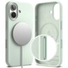 Miętowe etui na telefon z okrągłym, magnetycznym uchwytem MagSafe, widoczne z przodu i z tyłu, z powiększeniem na szczegół bocznego przycisku. Wewnątrz etui znajduje się logo kropli wody oraz tekst "Designed by Ringke".