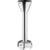 Srebrny blender ręczny z metalową końcówką miksującą, o gładkiej, cylindrycznej konstrukcji. Na górnej części widoczne są dwa symbole kłódek.