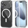 Przezroczyste etui TECH-PROTECT Flexair Hybrid MagSafe do Apple iPhone 17 Pro, z widocznym okrągłym wzorem MagSafe na tylnej części. Na etui znajduje się napis "TECH-PROTECT".