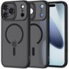 Czarne matowe etui TECH-PROTECT MagCam MagSafe do Apple iPhone 17 Pro Max, z widocznym logo producenta na dolnej części. Etui posiada wycięcia na aparat i przyciski, a na tylnej części znajduje się symbol MagSafe.