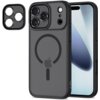 Czarne matowe etui TECH-PROTECT MagCam MagSafe do Apple iPhone 17 Pro Max z widocznym logo w kształcie okręgu i jabłka na środku. Obok etui znajduje się dodatkowa osłona na aparat z trzema okrągłymi otworami.