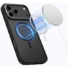 Czarno-szare etui na telefon z trzema widocznymi obiektywami aparatu, obok którego unosi się okrągły, magnetyczny element z niebieskimi liniami sugerującymi połączenie magnetyczne. W tle widoczny jest biały, okrągły dysk z kablem.