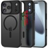 Czarne matowe etui TECH-PROTECT MagMat XT 4-Set MagSafe do Apple iPhone 17 Pro, z widocznym logo w kształcie koła i jabłka oraz kolorowymi elementami dekoracyjnymi. Na etui znajduje się napis "TECH-PROTECT".