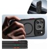Na zdjęciu widoczne jest czarne, matowe etui TECH-PROTECT MagMat XT 4-Set MagSafe do Apple iPhone 17 Pro, z okrągłym wzorem na środku i wycięciami na aparat. W dolnej części zdjęcia pokazane są trzy etui z różnokolorowymi przyciskami: czerwonym, zielonym 
