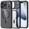 Na zdjęciu widoczne są dwa etui na telefon oraz telefon z wyświetlaczem, wszystkie w kolorze czarno-przezroczystym. Na etui znajduje się logo w kształcie koła z pionową kreską oraz napis "TECH-PROTECT".