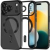 Przezroczysto-czarne etui TECH-PROTECT MagFlex MagSafe do Apple iPhone 17 Pro, błyszczące, z widocznym okrągłym wzorem na tylnej części. Etui jest pokazane z przodu i z tyłu, a w tle widoczny jest ekran telefonu z kolorowym gradientem.