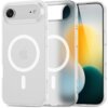 Przezroczysto-matowe etui TECH-PROTECT MagSlim MagSafe do Apple iPhone Air jest pokazane z przodu i z tyłu, z widocznym okrągłym wzorem MagSafe. Na etui znajduje się logo Apple.