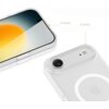 Przezroczysto-matowe etui na telefon z widocznym okręgiem na tylnej części oraz napisem "0.5mm" wskazującym na grubość. Etui jest dopasowane do telefonu z widocznym ekranem i aparatem.