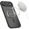 Czarne matowe etui TECH-PROTECT MagStand MagSafe do Apple iPhone Air jest przedstawione z widocznym okrągłym wycięciem na aparat oraz okręgiem MagSafe. Obok etui znajduje się okrągły, srebrny dysk MagSafe z kablem.