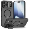 Czarne matowe etui TECH-PROTECT Magstand MagSafe do Apple iPhone 17 Pro, z widocznym okręgiem MagSafe i logo Apple, przedstawione z przodu i z tyłu. Etui posiada wycięcia na aparat i przyciski, a także wbudowaną podpórkę.