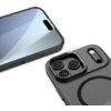 Czarne matowe etui TECH-PROTECT MagStand MagSafe do Apple iPhone 17 Pro Max, ukazane z przodu i z tyłu, z widocznymi wycięciami na aparat i przyciski. Na tylnej części etui znajduje się okrągły wzór sugerujący kompatybilność z MagSafe.