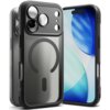 Na zdjęciu widoczne jest czarne, matowe etui z okrągłym wzorem na tylnej części, przeznaczone do telefonu, z wycięciami na aparat i przyciski. Obok etui znajduje się telefon z wyświetlaczem pokazującym niebiesko-zielony wzór.