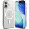 Przezroczyste etui na telefon z widocznym okręgiem MagSafe i logo jabłka, obok telefonu z wyświetlaczem pokazującym abstrakcyjne, niebiesko-zielone wzory. Etui ma wycięcia na aparat i przyciski, a jego powierzchnia jest matowa.