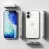 Przezroczyste etui na telefon z widocznym logo Apple i okręgiem MagSafe, pokazane z różnych perspektyw, w tym z przodu, z tyłu i z boków. Na ekranie telefonu widoczny jest abstrakcyjny wzór w odcieniach niebieskiego i zielonego.