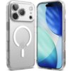 Przezroczyste etui z matowym wykończeniem, przeznaczone do Apple iPhone 17 Pro, z widocznym okrągłym wzorem MagSafe na tylnej części. Obok etui znajduje się telefon z wyświetlaczem pokazującym abstrakcyjne, niebiesko-zielone wzory.