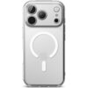 Przezroczyste etui na telefon z trzema dużymi otworami na aparaty oraz mniejszymi na inne elementy, posiada widoczny okrągły wzór MagSafe. Produkt ma matowe wykończenie i jest przeznaczony do modelu Apple iPhone 17 Pro.