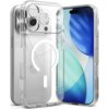 Przezroczyste etui RINGKE Fusion Bold Magnetic MagSafe do Apple iPhone 17 Pro jest pokazane na tle telefonu, z widocznym okrągłym wzorem MagSafe. Obok etui znajduje się telefon z wyświetlaczem pokazującym abstrakcyjną grafikę w odcieniach niebieskiego i z
