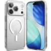 Przezroczyste etui na telefon z widocznym okręgiem MagSafe i logo jabłka, obok telefonu z wyświetlaczem pokazującym abstrakcyjne, niebiesko-zielone wzory. Etui ma wycięcia na trzy obiektywy aparatu i lampę błyskową.