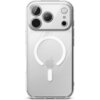 Przezroczyste etui na telefon z trzema dużymi otworami na aparaty oraz mniejszymi otworami na inne elementy, z widocznym logo w kształcie jabłka i okrągłym wzorem MagSafe. Produkt wykonany z przezroczystego materiału, który ukazuje tylną część telefonu.