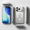 Przezroczyste etui na telefon z widocznym logo w kształcie okręgu i jabłka, otacza smartfon z trzema obiektywami aparatu. Etui jest pokazane z różnych perspektyw, prezentując jego konstrukcję i wycięcia na przyciski oraz porty.