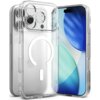 Przezroczyste etui na telefon z widocznym okrągłym wzorem MagSafe, obok którego znajduje się smartfon z wyświetlaczem pokazującym niebiesko-zielone okręgi. W tle widoczny jest tył telefonu z trzema aparatami.