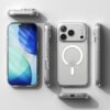 Przezroczyste etui na telefon z widocznym okrągłym wzorem MagSafe i logo jabłka, pokazane z różnych perspektyw. Na ekranie telefonu widoczny jest abstrakcyjny wzór w odcieniach niebieskiego i zielonego.