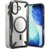 Przezroczysto-czarne etui na telefon z widocznym okrągłym wzorem na środku, zaprojektowane do współpracy z MagSafe, jest pokazane obok smartfona z kolorowym ekranem. Etui ma wzmocnione narożniki i wycięcia na przyciski oraz aparat.