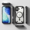Przezroczysto-czarne etui na telefon z widocznym okręgiem MagSafe i logo Apple, pokazane z różnych perspektyw, w tym przód, tył i boki. Na bocznej krawędzi widoczny jest napis "FX".