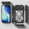 Przezroczysto-czarne etui na telefon z widocznym logo Apple i okręgiem MagSafe, pokazane z różnych perspektyw, w tym przód, tył i boki. Na bocznej krawędzi widoczny jest napis "FX".