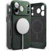 Ciemnozielone etui RINGKE Onyx Magnetic MagSafe do Apple iPhone 17 Pro z okrągłym, białym elementem MagSafe na tylnej części. Wewnątrz etui widoczny jest napis: "Ringke, LIVE A BETTER DAY, Made in Korea".