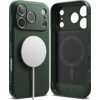 Ciemnozielone etui RINGKE Onyx Magnetic MagSafe do Apple iPhone 17 Pro, z widocznym okrągłym magnesem i wycięciami na aparaty. Na wewnętrznej stronie etui znajduje się napis: "Ringke, Live a Better Day, Rearth, Made in Korea".