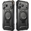 Na zdjęciu widoczne są dwa czarne etui na telefon z wyraźnymi, geometrycznymi wzorami i okrągłym wycięciem na środku, przeznaczone do modelu Apple iPhone 17 Pro Max. Etui posiadają otwory na aparaty oraz przyciski boczne, a ich powierzchnia jest matowa z 