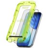 Na zdjęciu znajduje się zestaw do montażu szkła hartowanego z ramką w kolorze neonowej zieleni, na której widnieje napis "RINGKE EASY SLIDE TEMPERED GLASS". W tle widać smartfon z niebieskim ekranem, a na ramce znajdują się dodatkowe instrukcje montażu or