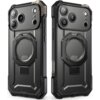 Na zdjęciu widoczne jest szare etui na telefon z wyraźnym okrągłym wycięciem na środku, przeznaczone do modelu Apple iPhone 17 Pro Max. Etui ma solidną konstrukcję z wyraźnymi krawędziami i detalami, a także otwory na aparat i przyciski.