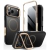 Na zdjęciu widoczne jest etui SUPCASE Iblsn Ares Flip Mag Magsafe do Apple iPhone 17 Pro w kolorze złotym, przedstawione w kilku ujęciach, ukazujące zarówno przód, jak i tył produktu. Etui ma złote akcenty wokół obiektywów aparatu oraz na krawędziach, a n