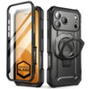 Czarne etui do telefonu z przezroczystą przednią osłoną i wbudowanym uchwytem z tyłu, obok widoczny jest napis "TEMPERED GLASS" na pomarańczowym tle. Etui ma wyraźne, teksturowane krawędzie i otwory na przyciski oraz aparat.