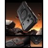 Na zdjęciu widoczne jest czarne etui SUPCASE UB Grip Pro Mag MagSafe do Apple iPhone 17 Pro, przedstawione w dynamicznej scenerii z unoszącymi się odłamkami skał na tle pomarańczowego nieba. Etui ma wyraźnie zaznaczone elementy ochronne wokół aparatu i kr